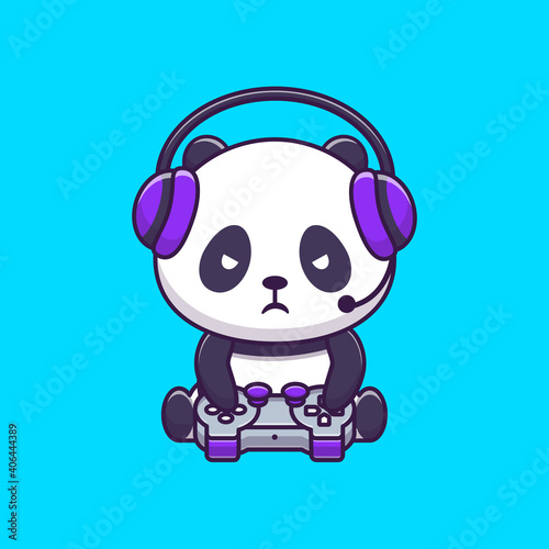 Cute Panda Gaming Cartoon Vector Icon Illustration. Animal Technology Icon Concept Isolated Premium Vector. Flat Cartoon Style