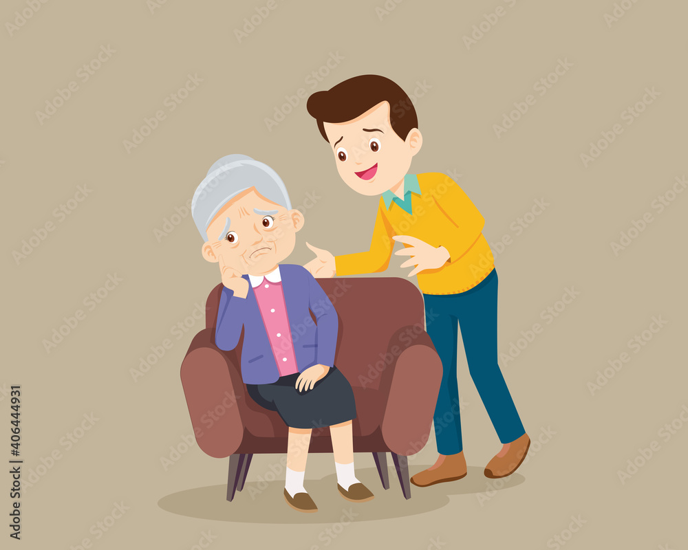 Sad elderly woman sitting and man comforting