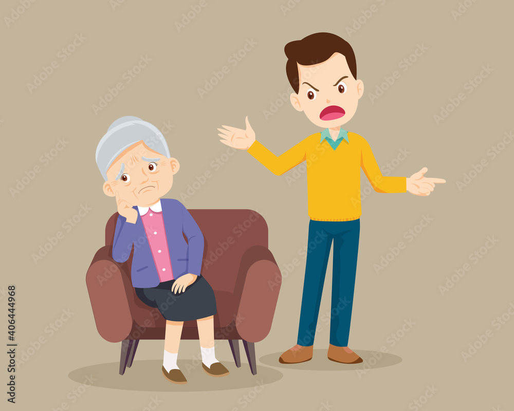 Angry man scolding to elderly woman sitting on sofa