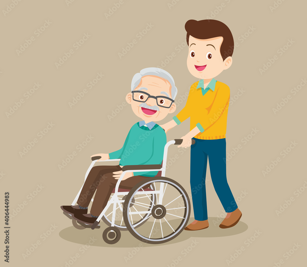 caring man and grandfather sitting on wheelchair