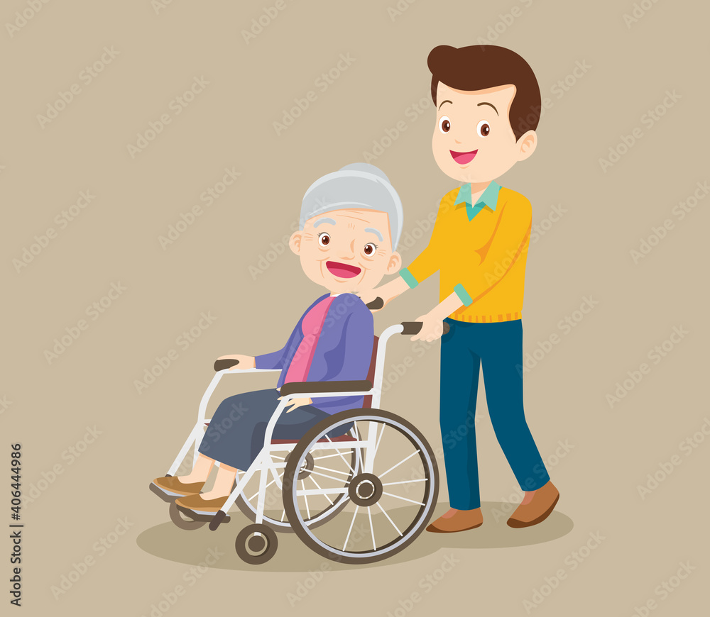 caring man and grandmother sitting on wheelchair caring man and grandmother sitting on wheelchair