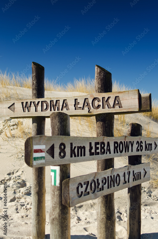 Obraz premium Moving dunes at sunny day, Slowinski National Park, Leba. Sand and blue sky