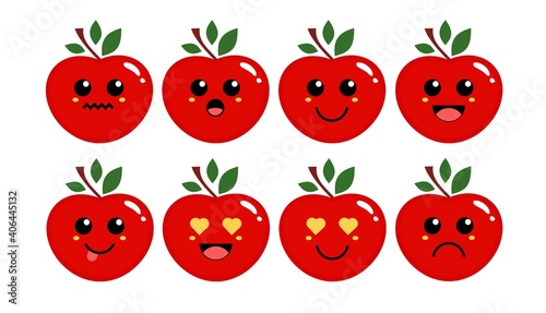 Set of cute cartoon colorful red apple fruit with different emotions. Funny emotions character collection for kids. Fantasy characters. Vector illustrations, cartoon flat style