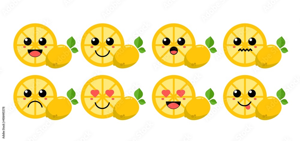 Set of cute cartoon colorful lemon slice with different emotions. Funny emotions character collection for kids. Fantasy characters. Vector illustrations, cartoon flat style