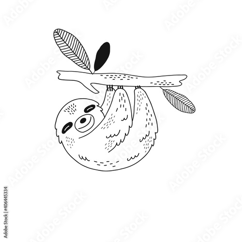 Cute sloth hanging on branch isolated vector illustration. Jungle animal black and white childish graphic drawing Perfect for one colour silk screen printing t-shirt design