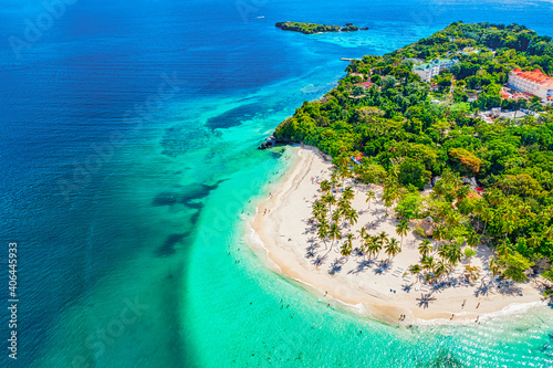 Fototapeta Naklejka Na Ścianę i Meble -  Aerial drone view of the beautiful small island and palm trees of Atlantic Ocean. Cayo Levantado island, Samana, Dominican Republic