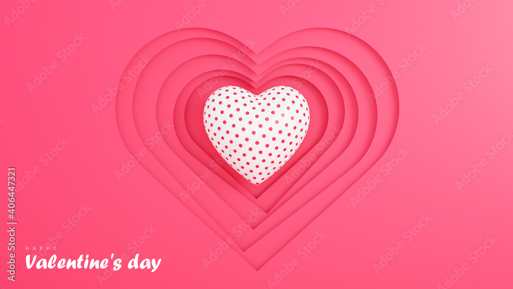 Happy valentine's day wallpaper in paper style with hearts 3d objects on pink background.,3d model and illustration.