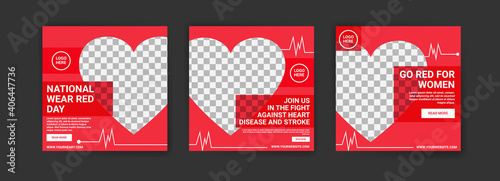 Social media post template for national wear red day. National awareness campaign for women about heart disease.
