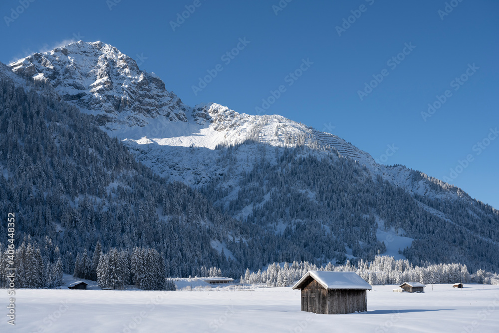 snow-covered hut on a sunny winter day in tyrol in front of wooded mountain with avalanche barriers
