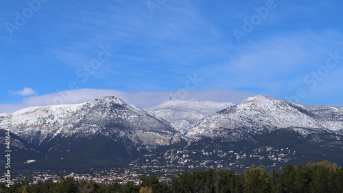 Zoom photo of beautiful mountain of Parnitha covered in snow, Athens, Attica, Greece © aerial-drone