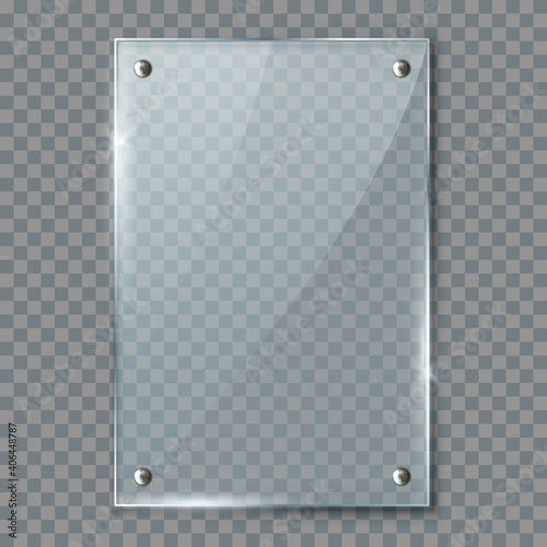 Blank poster in 3d realistic glass or plastic frame hanging on wall isolated on transparent background. Empty photo frame template, banner plexiglass holder mock-up, rectangular name vertical plate