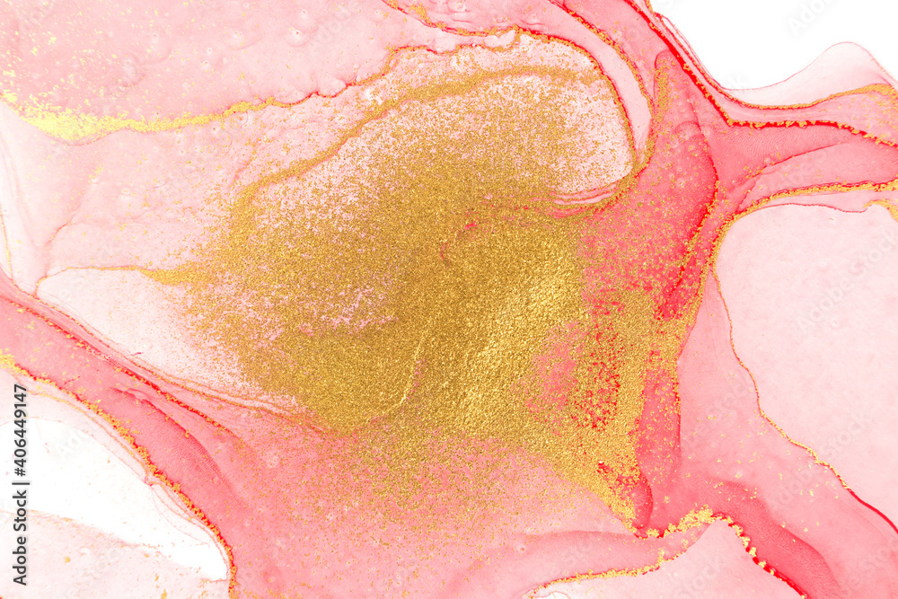 Fototapeta premium Alcohol ink red and gold abstract stains background.