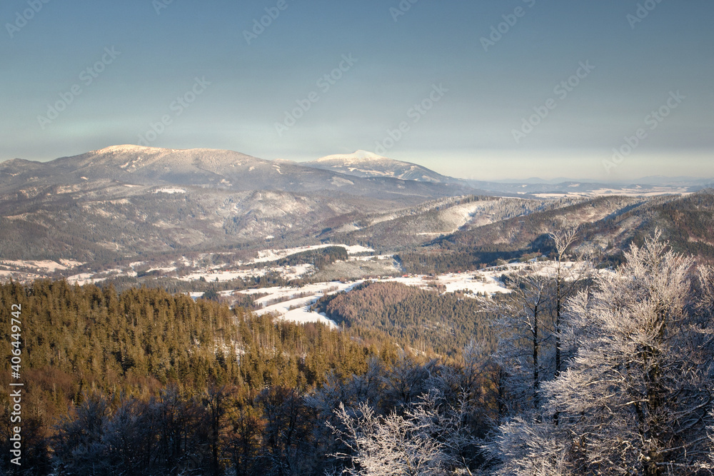 Obraz premium View of Mt Babia Góra (in the center) and Mt Pilsko (left) from Wielka Rycerzowa during winter, Żywiec Beskids, Western Carpathians, Poland