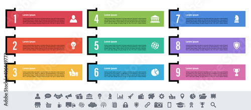 Infographic design business concept vector illustration with 9 steps or options or processes represent work flow or diagram or web button banner