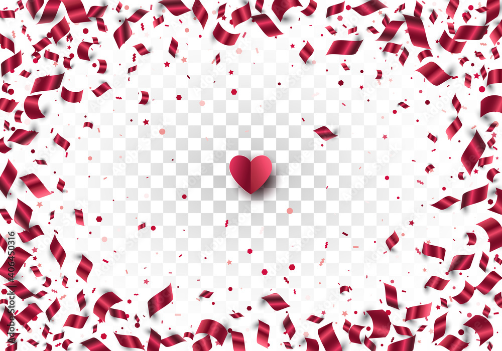 Red foil paper confetti isolated on transparent background. Festive vector border. Layered