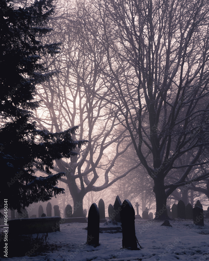 Church graveyard in a wintery fog