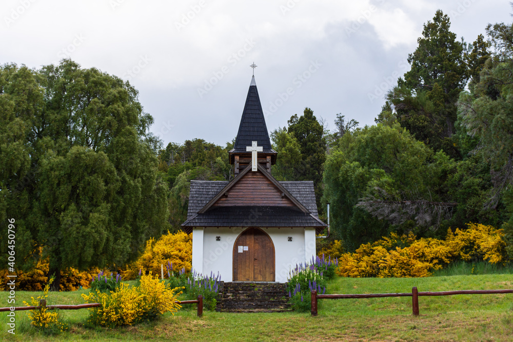 Virgen del Lago chapel during spring season at Los Alerces National Park during winter season in Esquel, Patagonia, Argentina