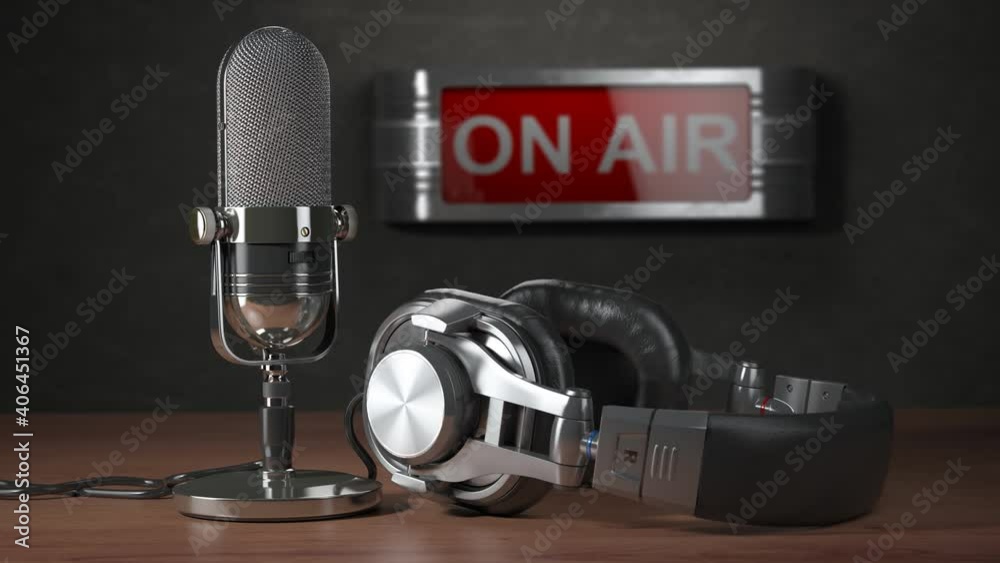 On the air. Old microphone and headphones with vintage signboard On air on the wooden table. Broadcasting radio station concept. 3d video animation
