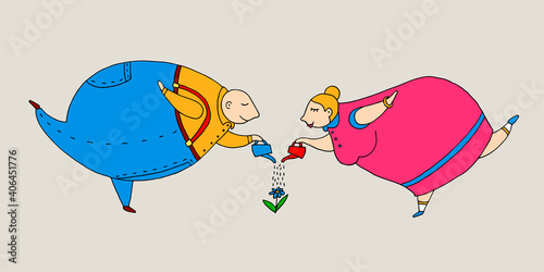 Overweight man and woman watering a flower from watering cans. Vector hand-drawn doodle illustration. Gardener. Body positive. Romance, relationships, harmony, feelings.