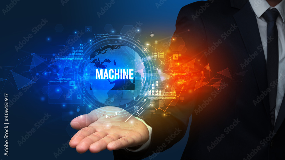 Elegant hand holding MACHINE inscription, digital technology concept