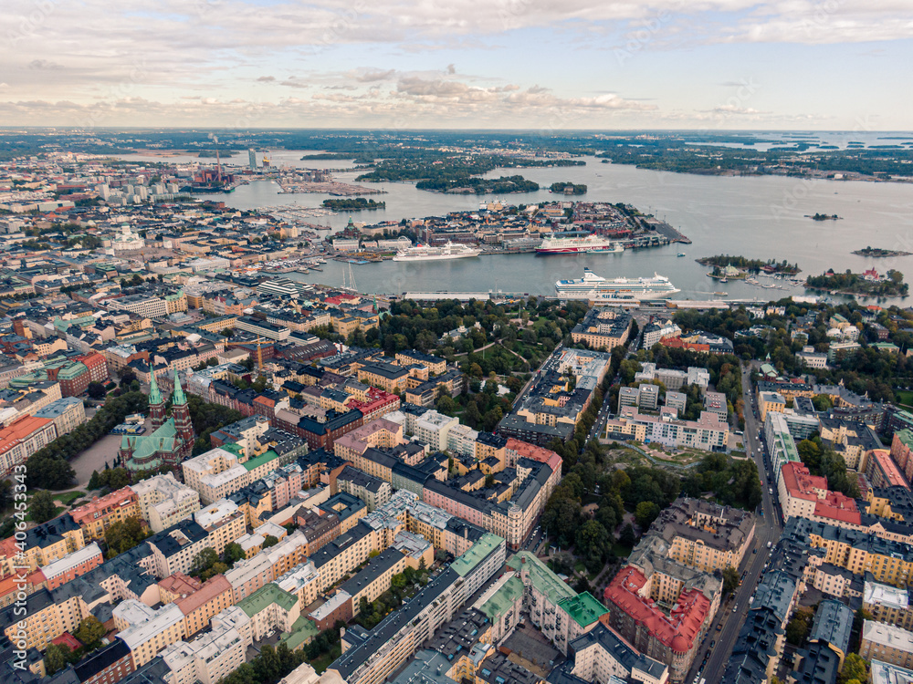 Aerial view on the Helsinki cruise port area at sunset