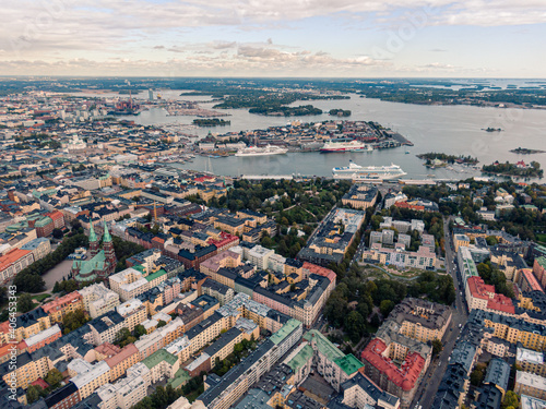 Aerial view on the Helsinki cruise port area at sunset