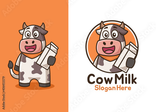 cartoon smiling cow with milk logo design