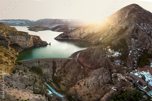 Vista de dron del Embalse Cueva Foradada y su presa en una tarde de invierno, Oliete y Alcaine photo