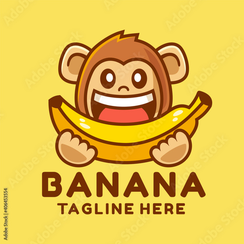 happy monkey eating banana logo design