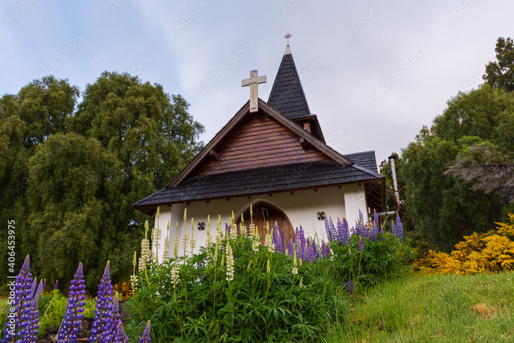 Virgen del Lago chapel during spring season at Los Alerces National Park during winter season in Esquel, Patagonia, Argentina Virgen del Lago chapel during spring season at Los Alerces National Park during winter season in Esquel, Patagonia, Argentina