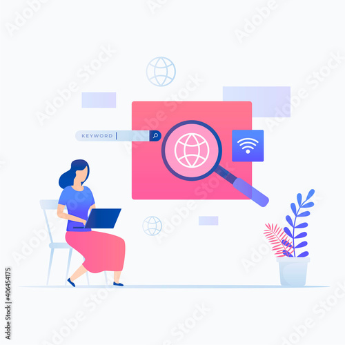 Flat illustration concept of woman browsing. Illustration for websites, landing pages, mobile applications, posters and banners.