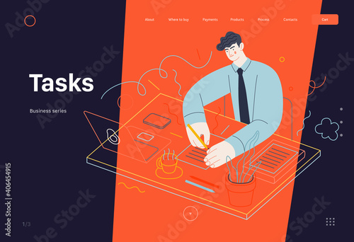 Business topics -tasks, web template, header. Flat style modern outlined vector concept illustration. Young man wearing a tie sitting at the office desk filling in the list of tasks. Business metaphor