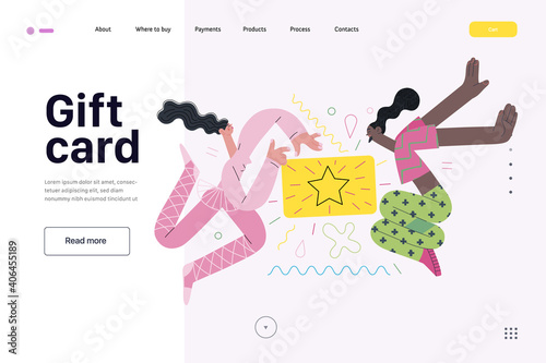 Discounts, sale, promotion voucher, web template - modern flat vector concept illustration of people dancing with a gift or discount card. Gift card