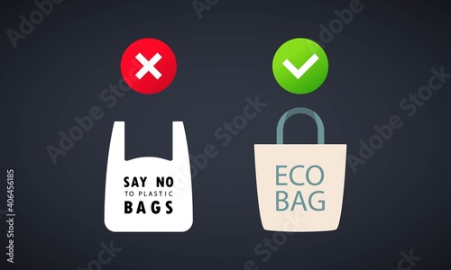 Say no to plastic bag banner. Use cloth bags. Pollution problem concept. Vector on isolated ackground. EPS 10