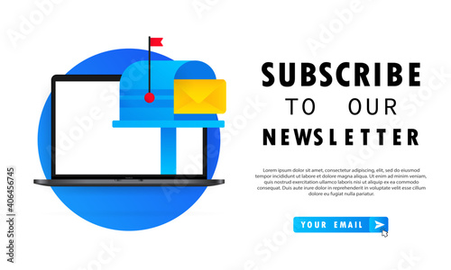 Subscribe to our newsletter banner. Sign up form with envelope, email sign. Vector on isolated white background. EPS 10