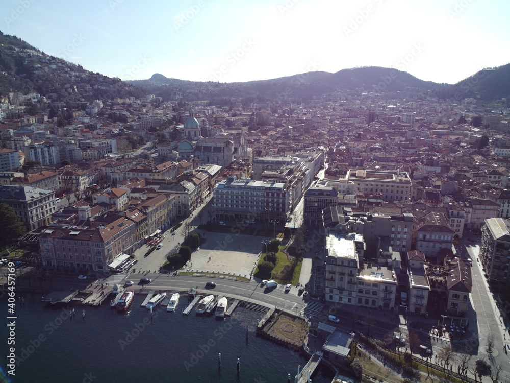 Aerial drone shot of historical harbor in the Venice city, Italy
