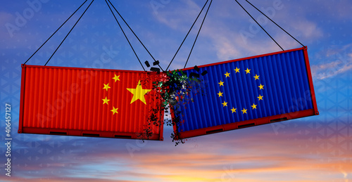 Trade war. Two freight containers with European Union  and China flag crashing into eachother. 3D Rendering .
