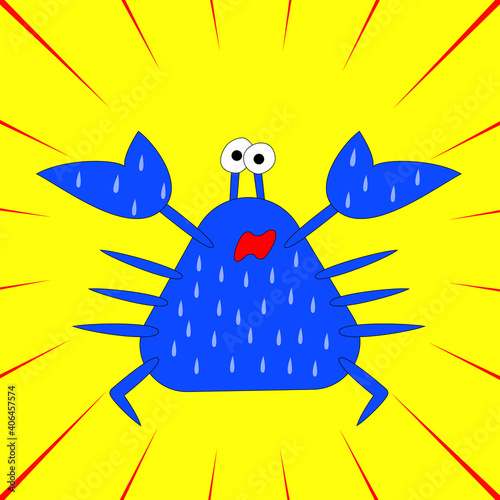 Scared crab with drops. Astonished and frightened. Cartoon emotional sea animal. Vector illustration
