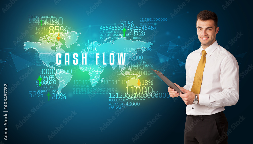 Businessman in front of a decision with CASH FLOW inscription, business concept Businessman in front of a decision with CASH FLOW inscription, business concept