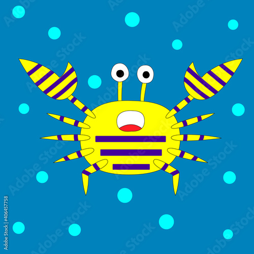 Surprised cartoon striped crab. Astonished and frightened. Sea animal with bubbles. Vector illustration