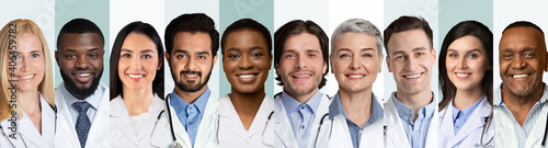 Collage Of Multiethnic Doctors And Medical Workers Portraits, Gray Backgrounds