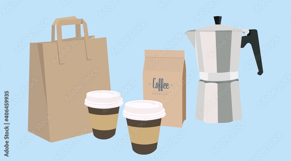 Vector Isolated Illustration of a Coffee Take Away Set, with two paper cups of coffee, a coffee maker, a coffee package and a paper bag Vector Isolated Illustration of a Coffee Take Away Set, with two paper cups of coffee, a coffee maker, a coffee package and a paper bag