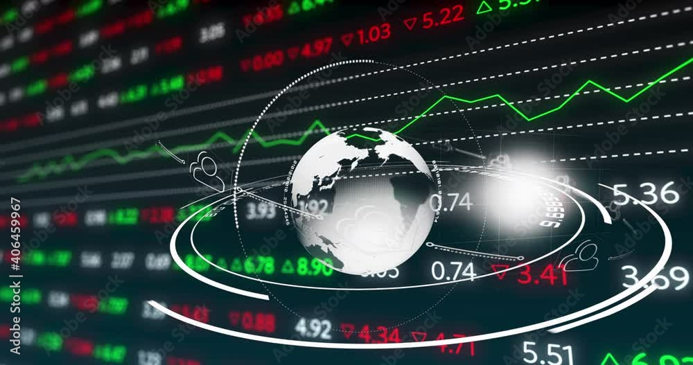 Animation of financial data processing and globe of network of connections with icons