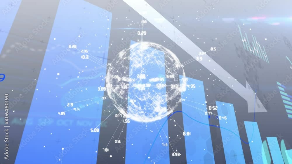 Animation of financial data with arrow descending processing and globe of network connections