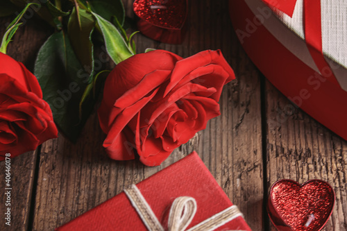 Gift box on a wooden background. Valentine's Day gift.selectiv focus photo