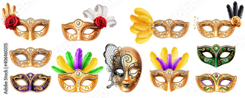 Set of isolated mask for Mardi Gras carnival. Colombina and volto masque for masquerade festival. Face and eyes disguise with diamond and feather, rose flower. Opera and theater costume element