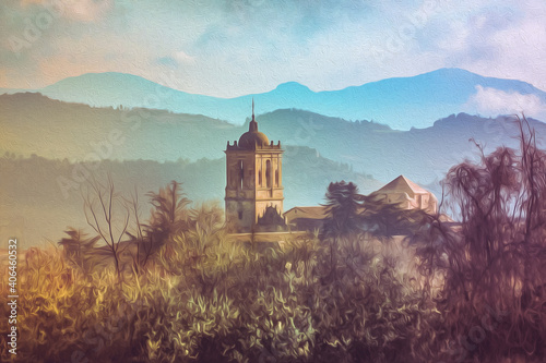 Morning View of the Monastry and Vineyard of Irache, Navarra, Spain in the Mountain Landscape Setting on the Pilgrim Way of St James Camino de Santiago Pilgrimage photo