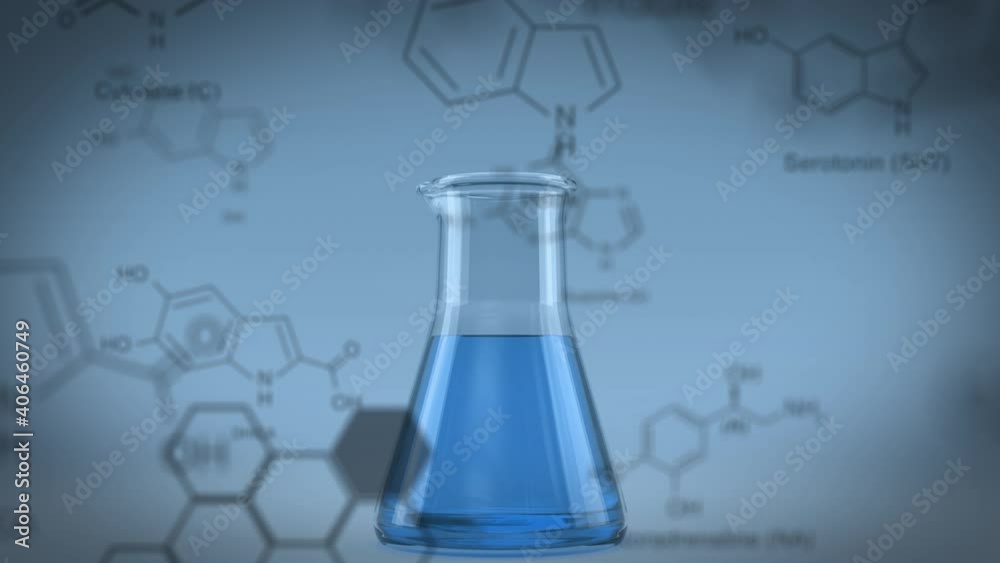 Animation of chemical compound structures against laboratory beaker with blue liquid