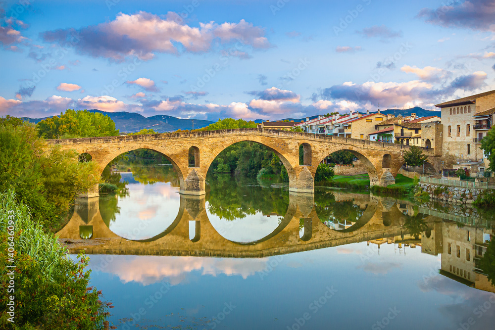 The Iconic Pilgrim Bridge in Puente la Reina, Spain, along the French Way of the Camino de Santiago St James Pilgrimage