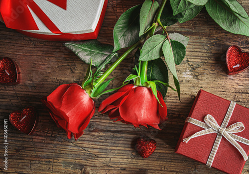 Gift box on a wooden background. Valentine's Day gift.selectiv focus photo